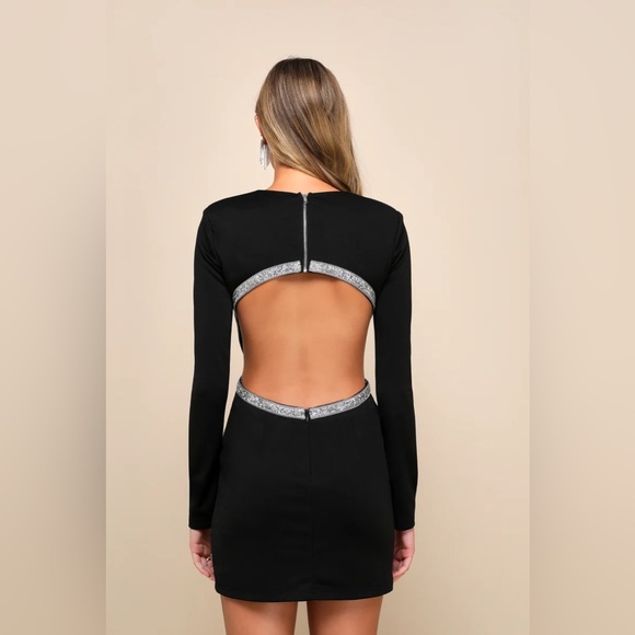 Lulus Sparkling Stunner Black Rhinestone Cutout Long Sleeve Mini Dress - Size XS - Picture 2 of 2